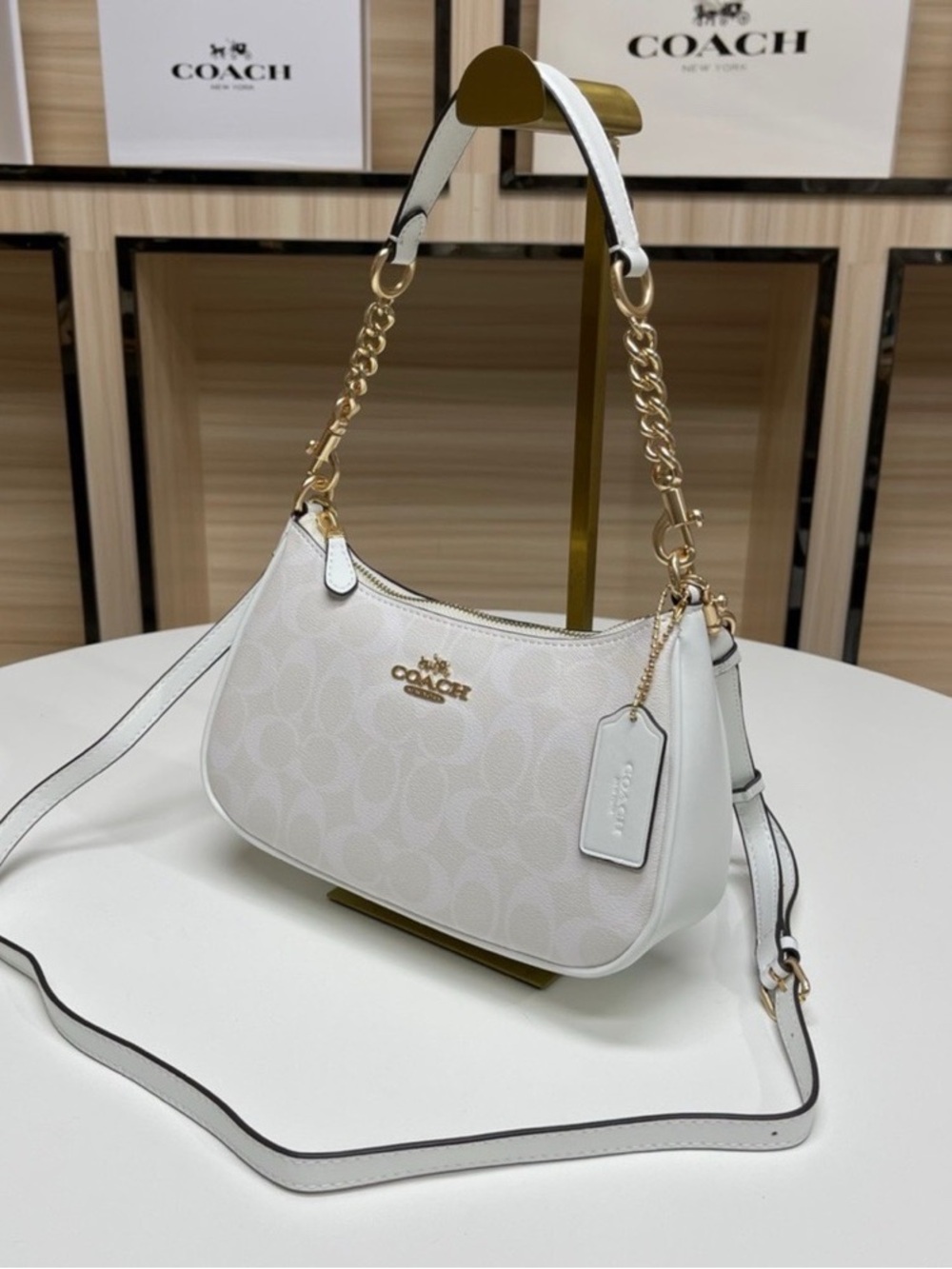 Coach White Signature Leather Shoulder Bag with Gold Chain